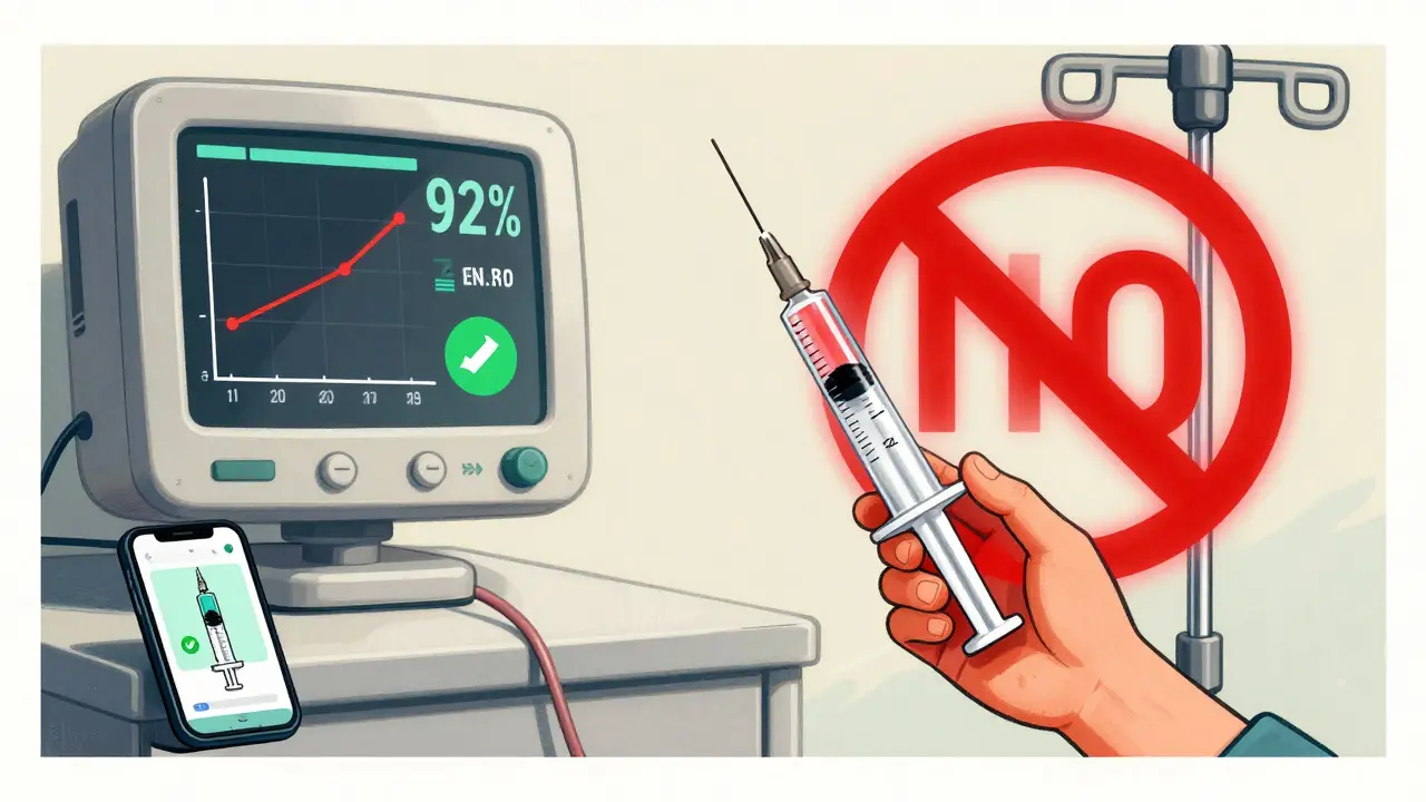 Child's hand holding a safe ENFit syringe next to a blocked IV line, symbolizing prevention of deadly mix-ups.