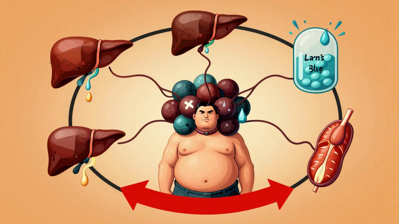 Circular diagram of organs connected by energy flows, symbolizing insulin resistance and metabolic dysfunction in stylized poster art.