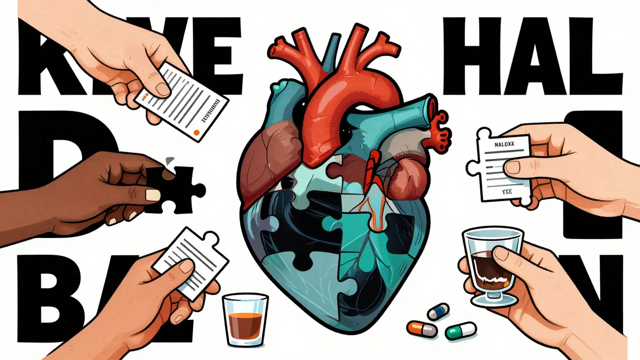 Fragmented medical chart reassembling into a heart shape, representing integrated care and recovery.