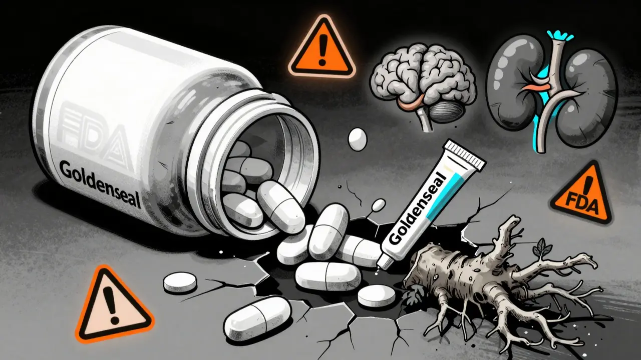 Herbal supplement bottle spilling hidden drugs, with medical warning icons, stylized Polish illustration.