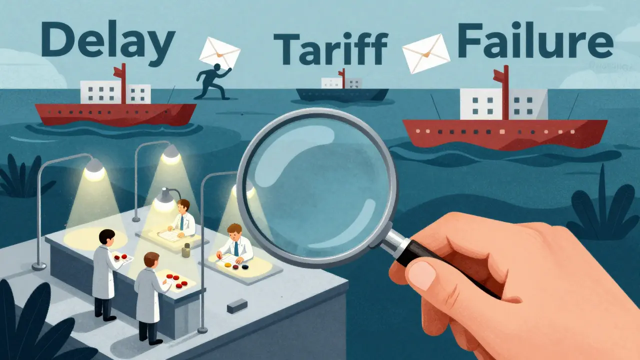 Illustrator inspecting pills domestically while overseas shipping failures sink in the background.