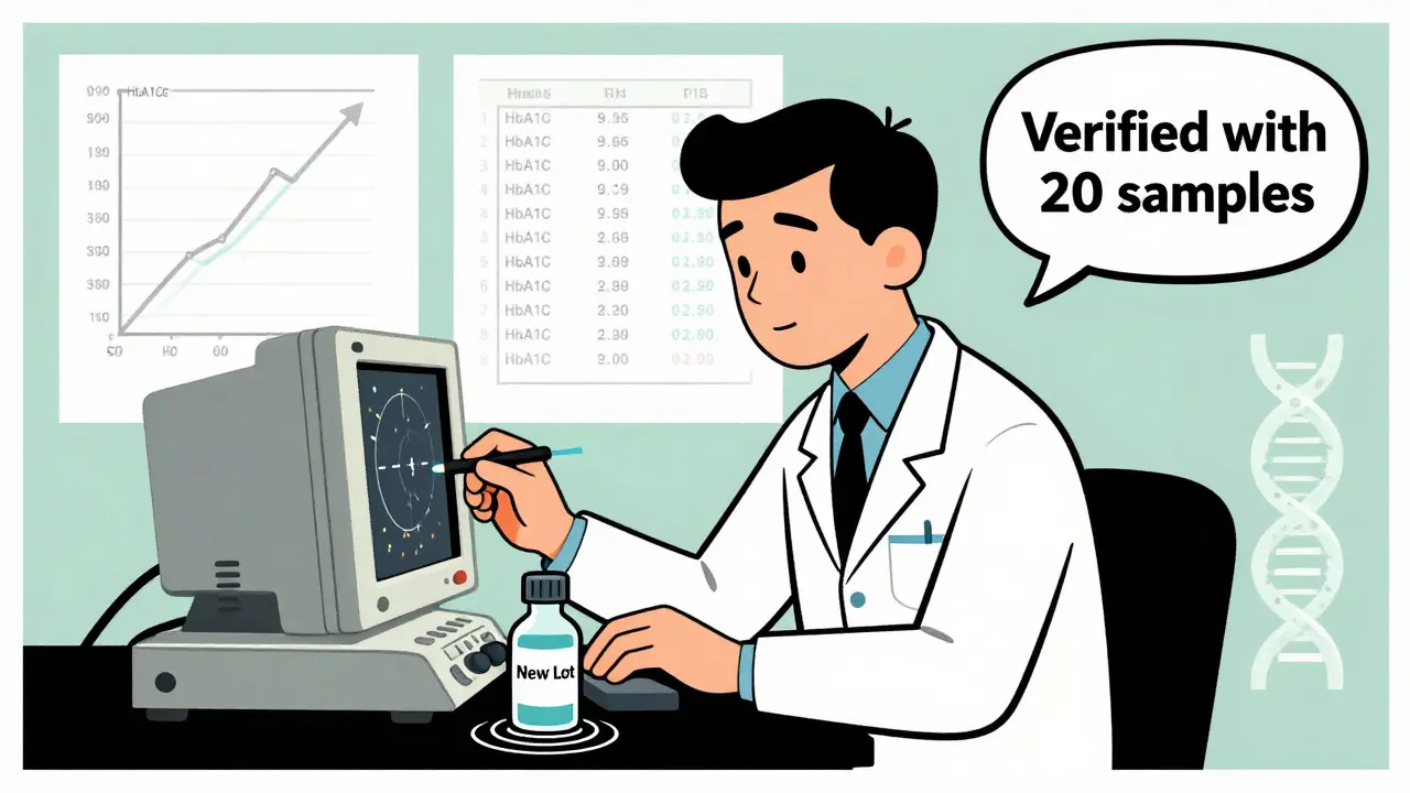 Lab technician analyzes test results with a vintage oscilloscope, a new reagent bottle emitting ripples behind.
