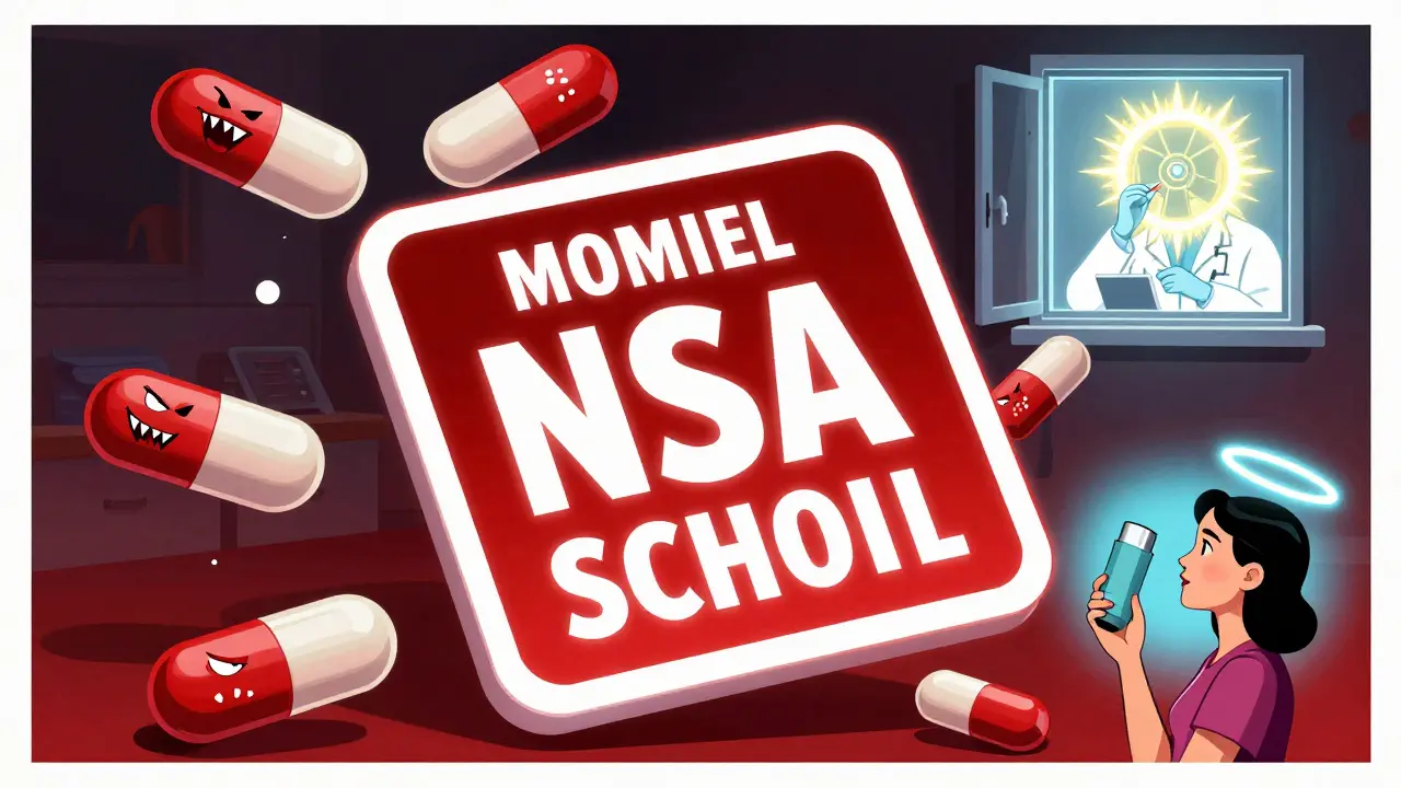 Medical alert card floats amid menacing NSAID pills, with rescue inhaler glowing in calm blue light.