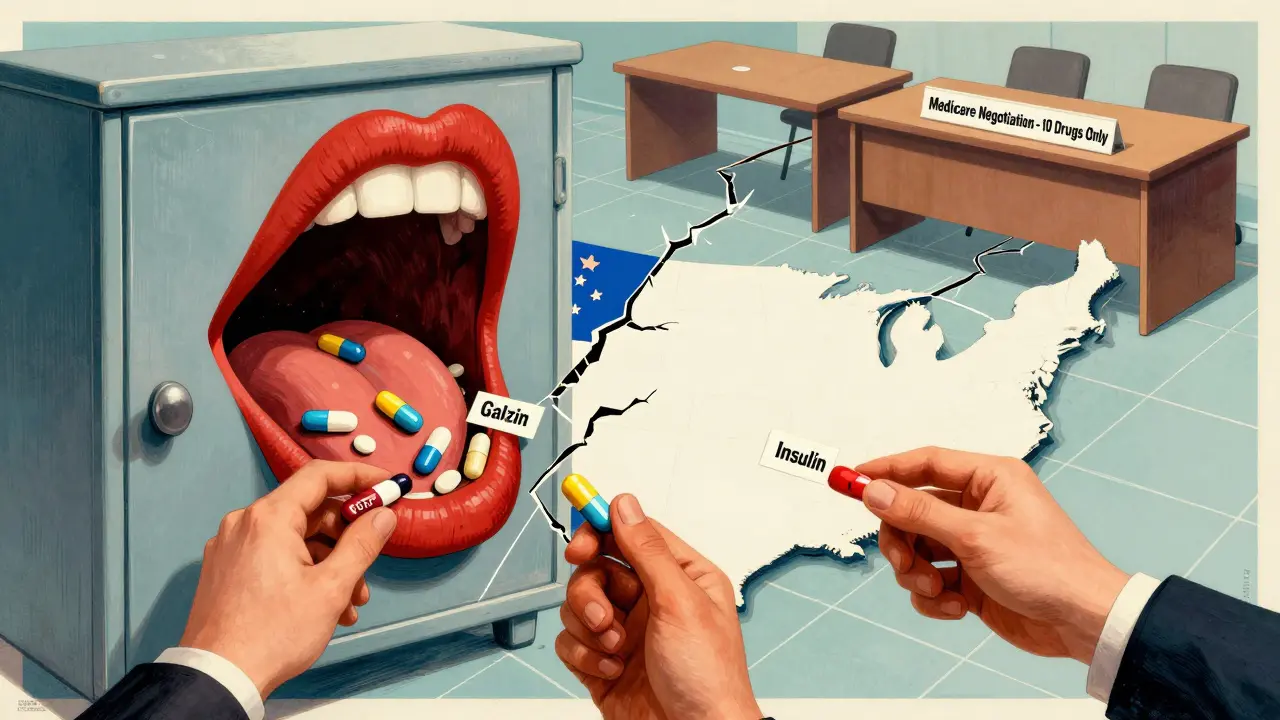 Medicine pills spill from a U.S.-shaped mouth while other countries pull out cheaper versions, with broken negotiation tables in the background.