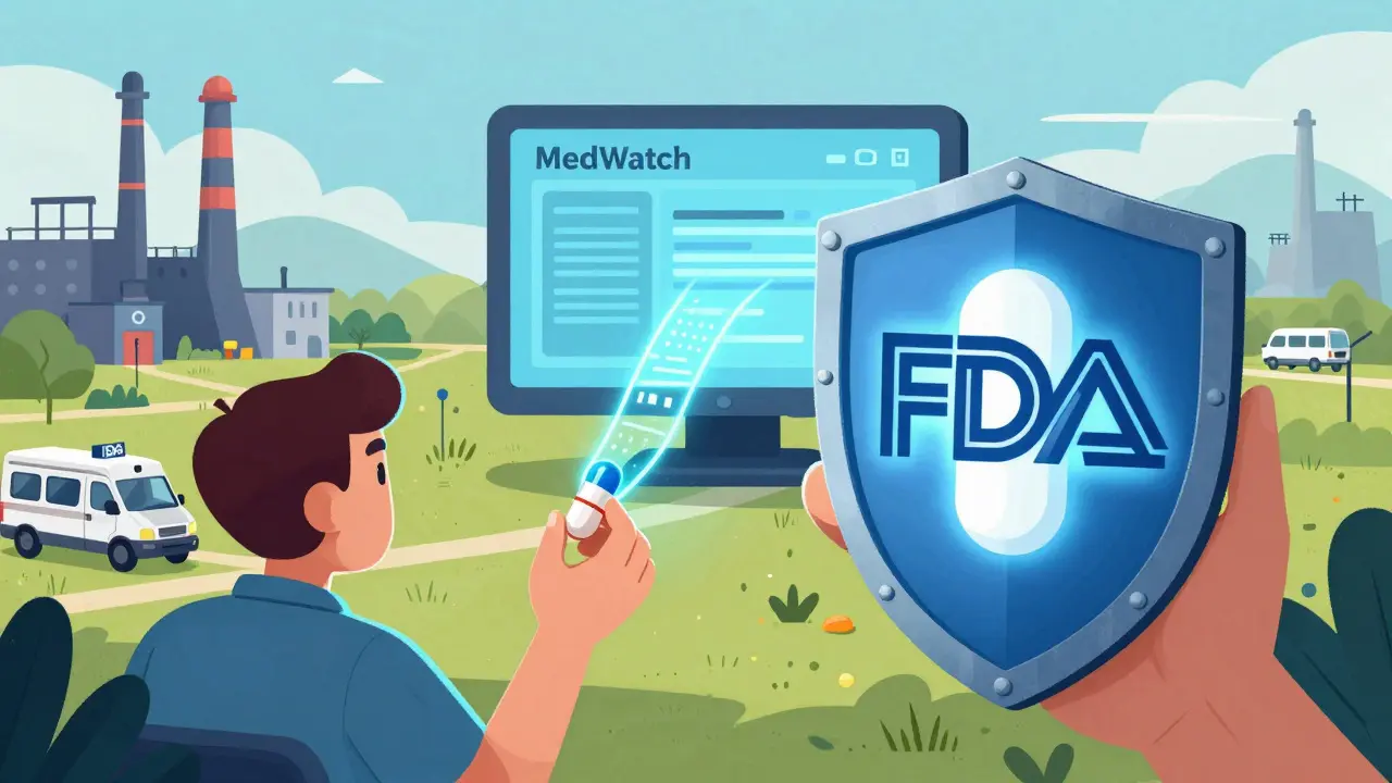 Patient holds generic pill beside glowing FDA seal, with factories and data streams behind, symbolizing safety and oversight in stylized poster art.