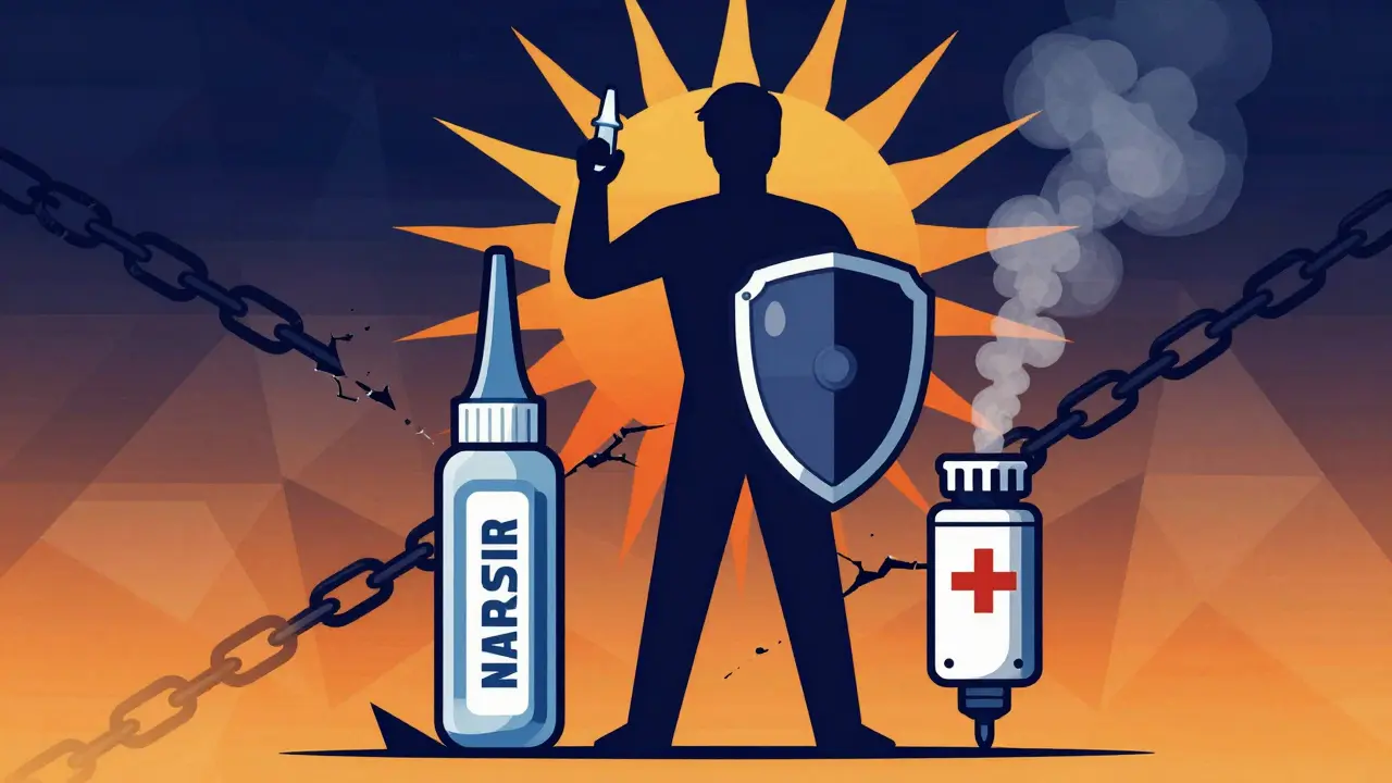 Person holding naloxone like a safety tool beside an EpiPen and smoke detector, symbolic imagery.