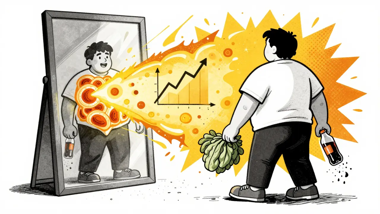 Person looking in mirror, inner body showing metabolic chaos while outer hand discards soda and holds healthy food.