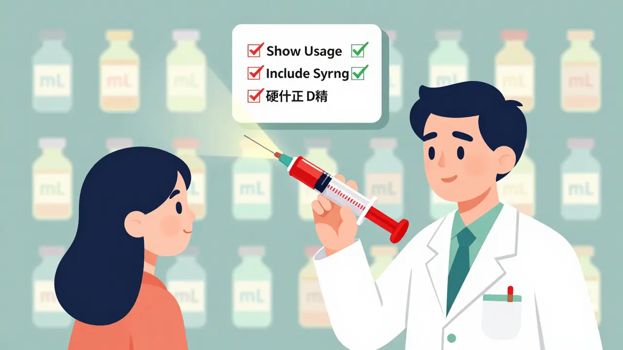 Pharmacist handing a parent a clearly labeled oral syringe with milliliter markings for safe dosing.