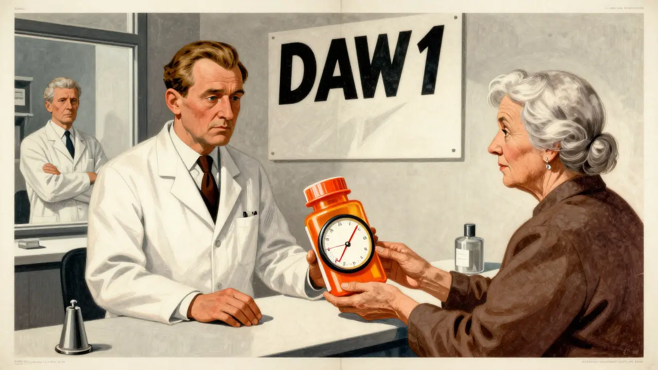 Pharmacist handing pill bottle to elderly woman as label transforms into warning graph, DAW 1 sign overhead.