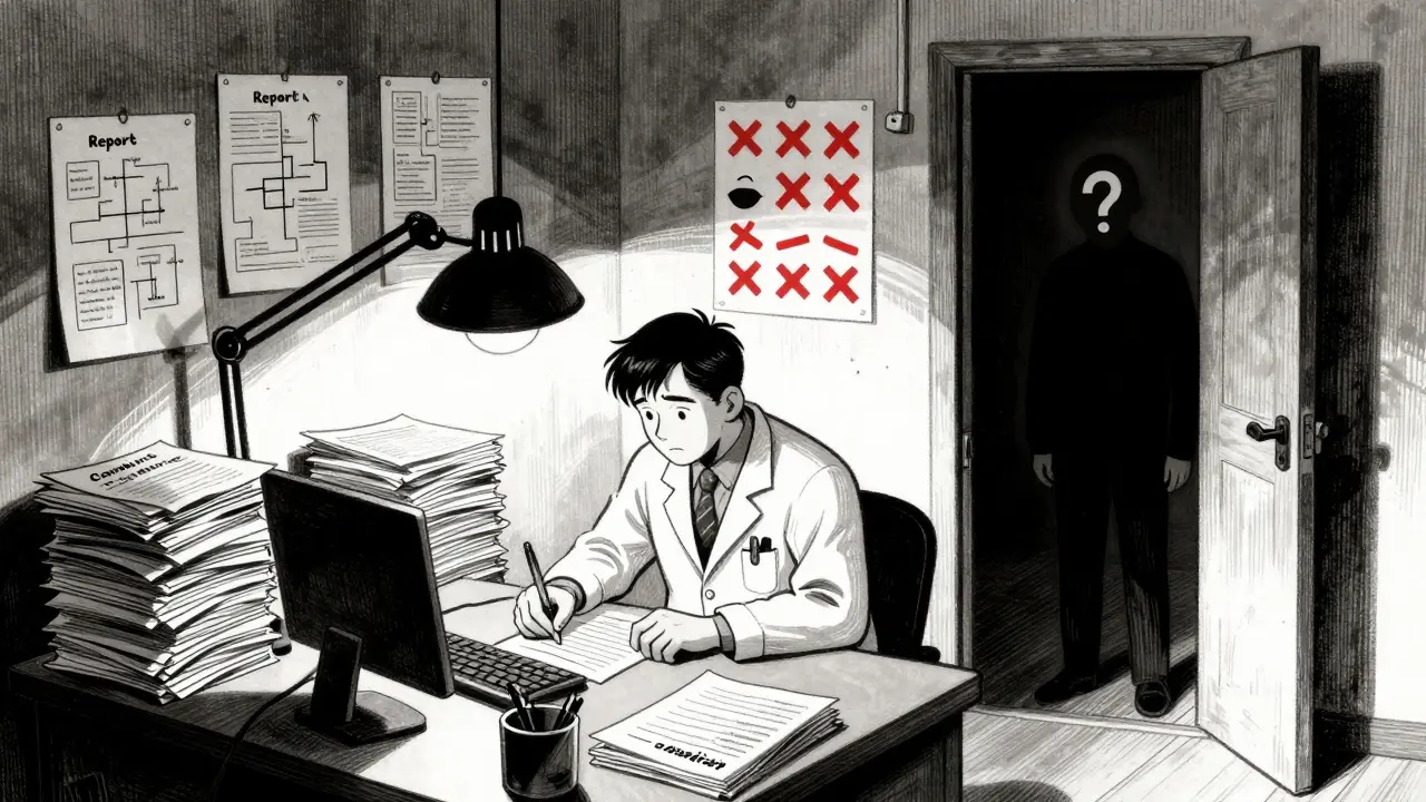 Physician overwhelmed by paperwork under a lamp, patient with question mark face watching silently.