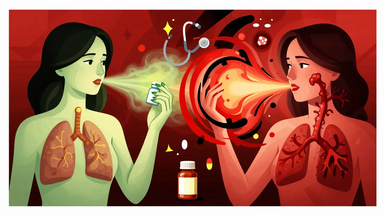 Split scene: calm breathing with acetaminophen vs. violent airway reaction to ibuprofen.