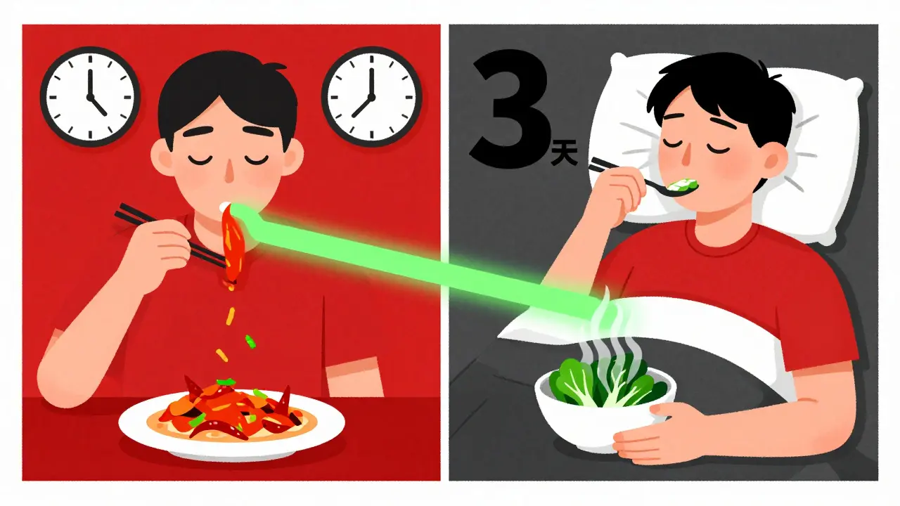 Split scene: left shows spicy meal and antacids with a ticking clock; right shows calm eating of vegetables with a green path to restful sleep.
