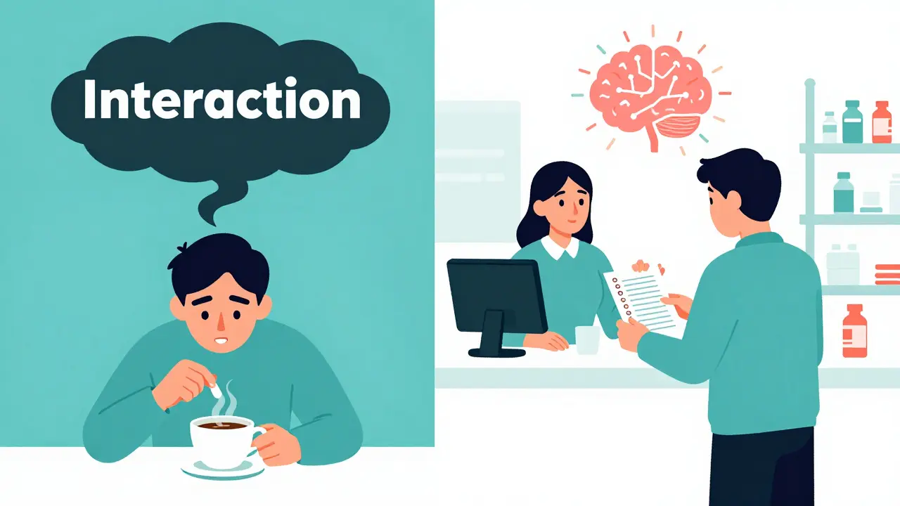 Split scene: person taking pill with coffee vs. asking pharmacist with medication list, contrasting danger and safety.