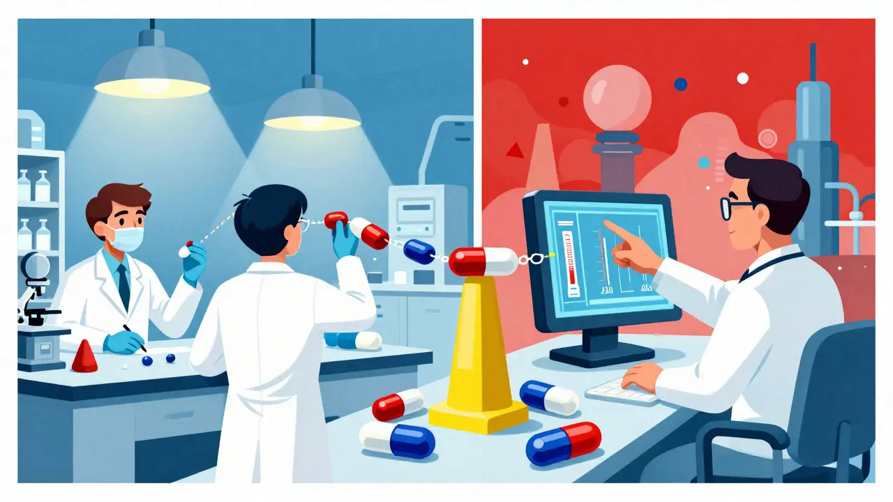 Split scene: U.S. lab and foreign factory connected by identical pills, showing quality control under FDA inspection in vivid geometric style.