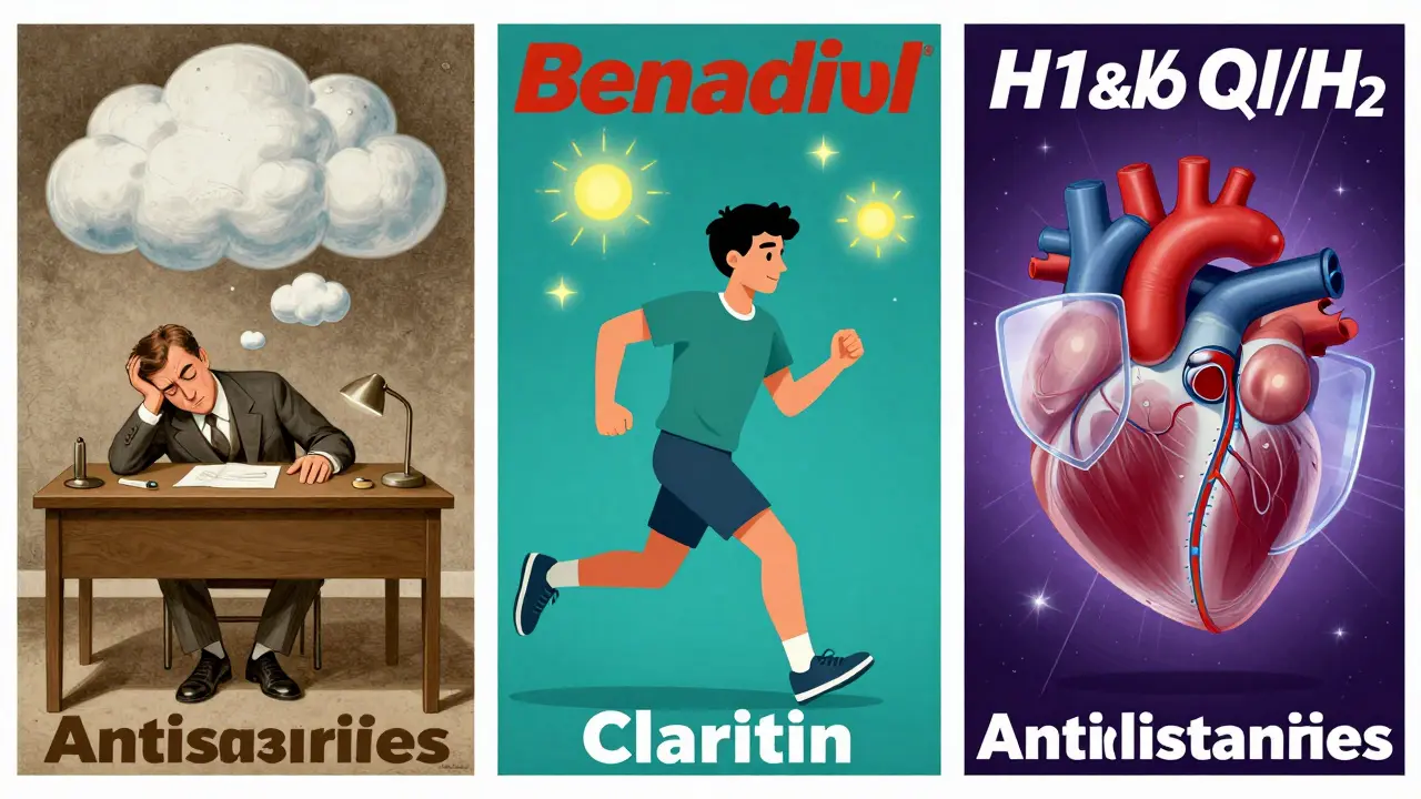 Three-panel timeline showing evolution of antihistamines from drowsy 1940s user to modern active person to heart research