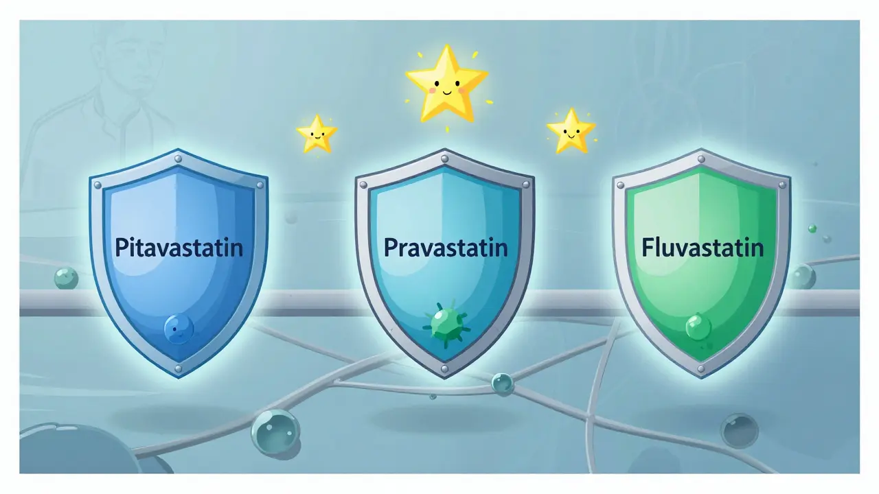 Three safe statins floating peacefully through enzyme pathways with protective barriers.