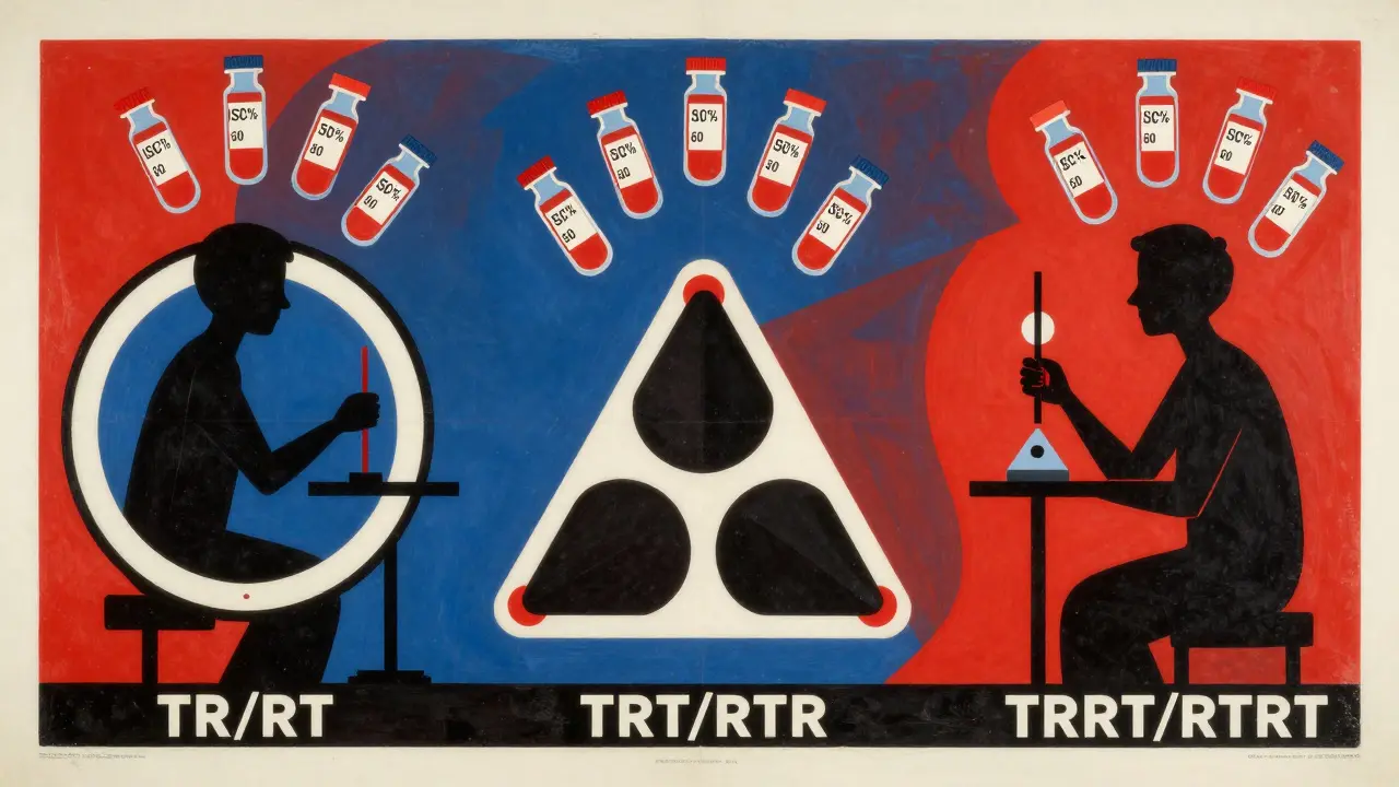 Three subjects undergoing different bioequivalence study designs, with floating blood vials showing increasing variability levels.