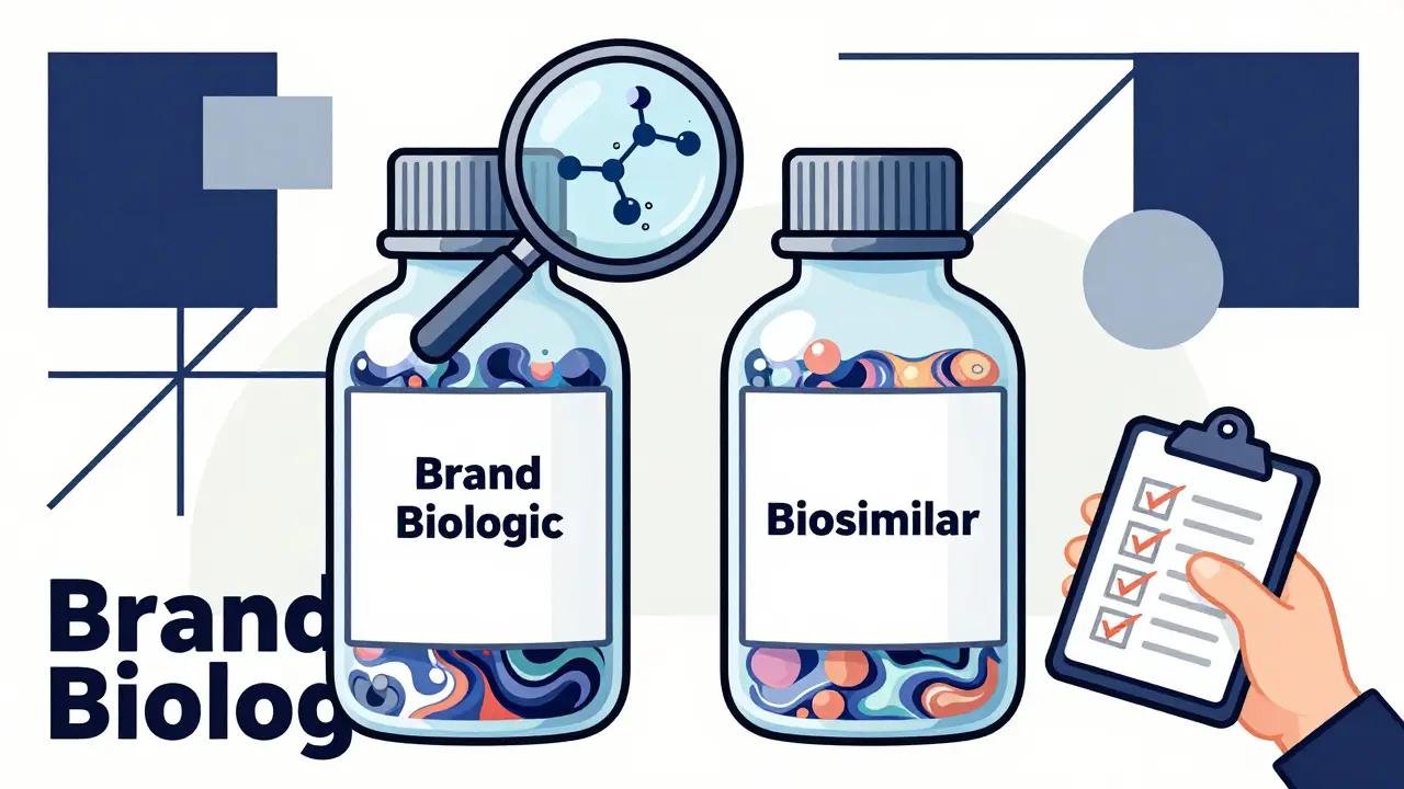 Two vials with nearly identical molecular patterns, one labeled brand, one biosimilar, under a magnifying glass.