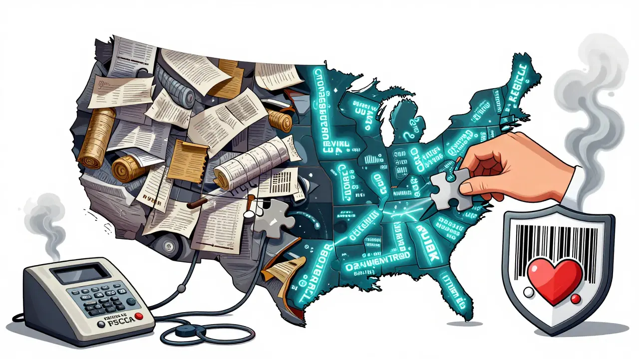 A fragmented U.S. map unites into a barcode shield protecting a pill, symbolizing the DSCSA system.