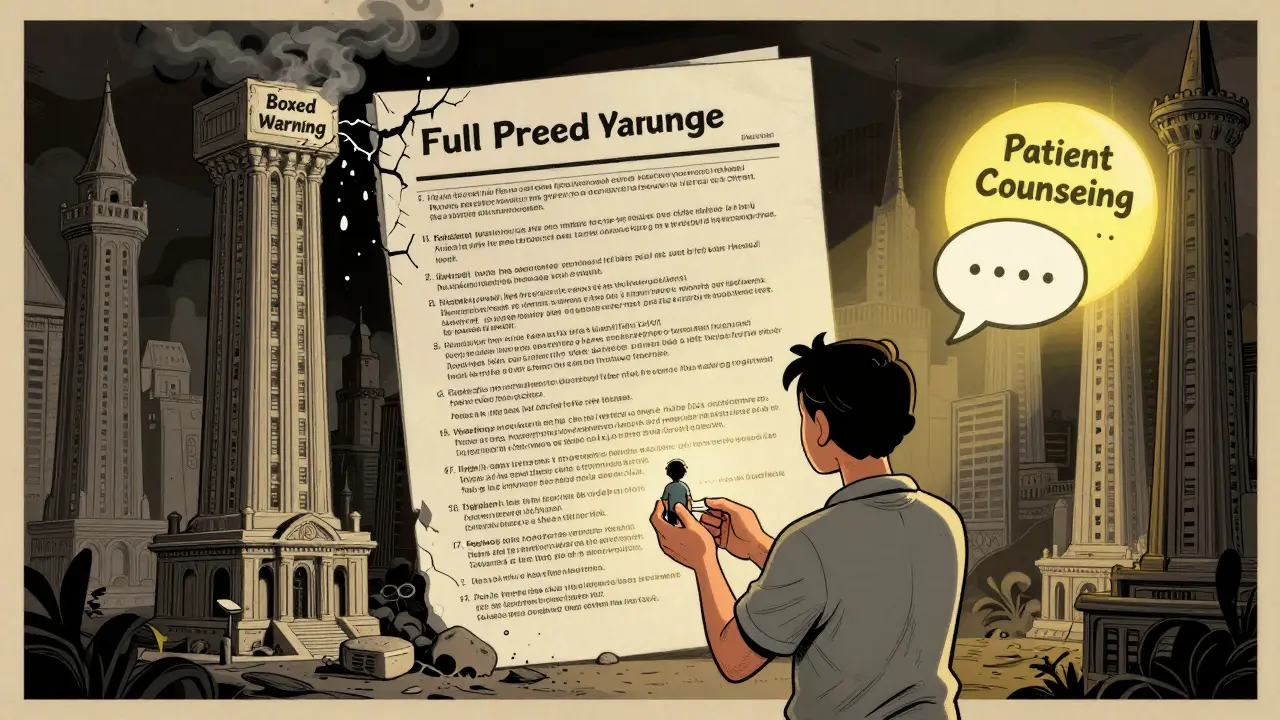 A patient holding a small summary while a massive drug label towers behind, with one section glowing and another leaking smoke.