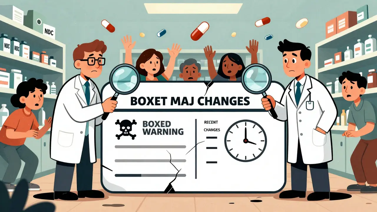 A pharmacist and doctor examining a cracked drug label, with floating NDC codes and confused patients in the background.