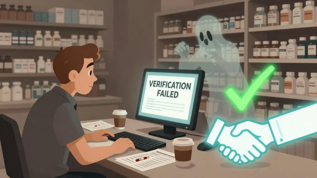 A pharmacy owner faces a failed verification alert while a counterfeit drug looms nearby.