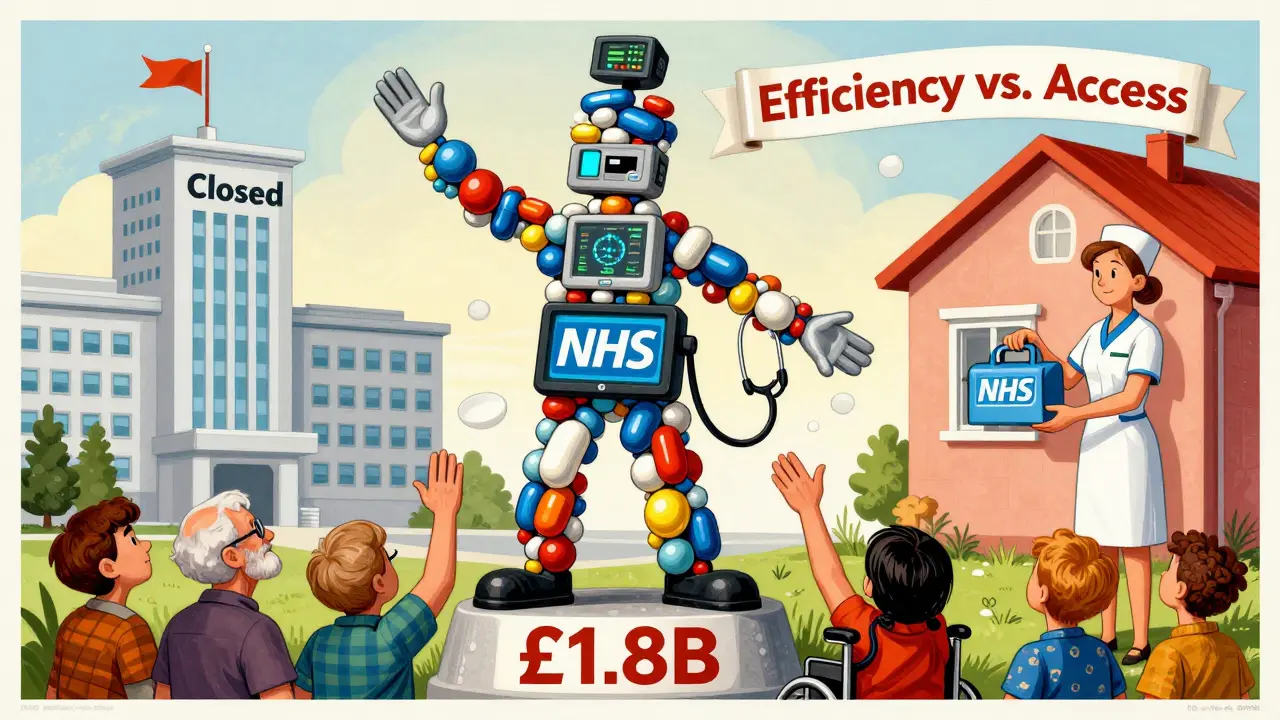 A towering NHS figure built of pills and screens reaches from a closing hospital to a home care setting, while patients struggle to reach out.