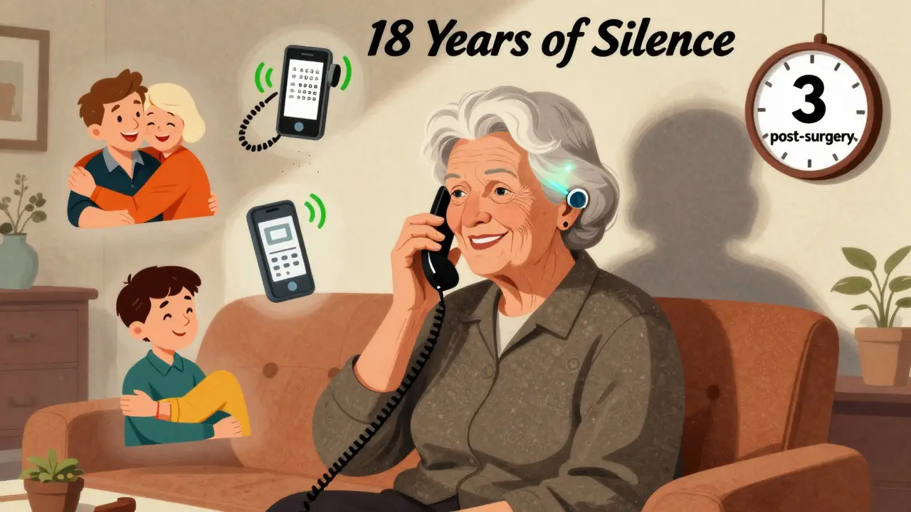 An elderly woman smiling on the phone with a cochlear implant, surrounded by icons of regained moments like family and conversation.