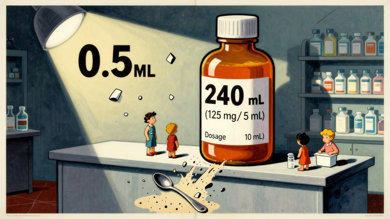 Giant medicine bottle with floating dosing details, kitchen spoons crumbling below, rendered in vibrant Polish poster style.