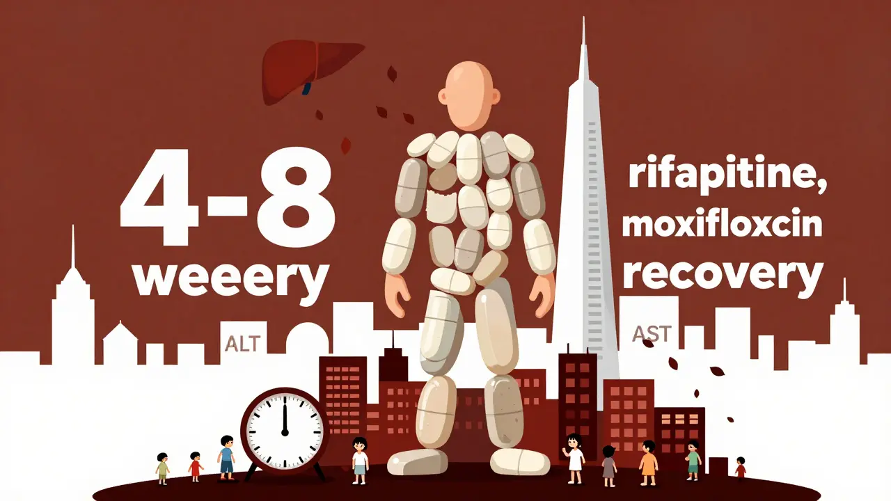 Isoniazid figure towers over patients while a modern TB regimen rises as a skyscraper, clock ticking toward recovery.