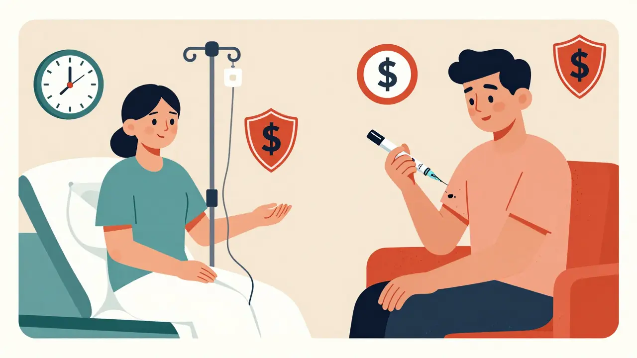 Patient choosing between home injection and clinic infusion with symbolic icons.