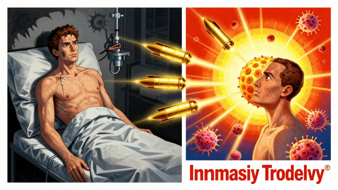 Split illustration: left shows chemo side effects, right shows targeted immunotherapy with glowing missiles attacking cancer cells.