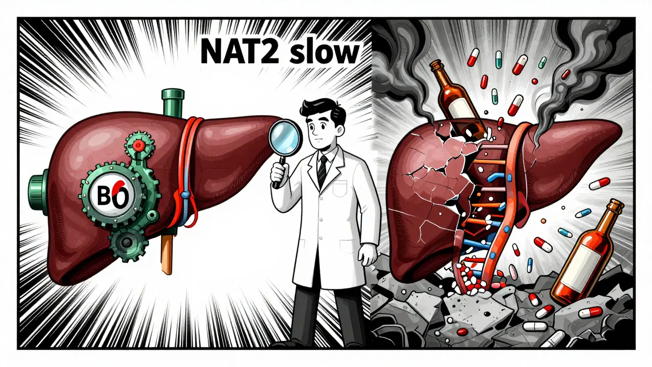 Split image: healthy liver with vitamin B6 gears vs. damaged liver under alcohol and drug assault, NAT2 DNA strand in focus.