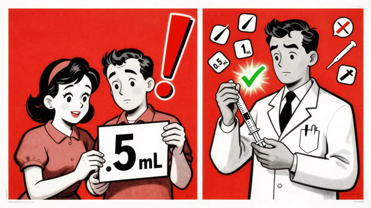 Split scene: one person misreads '.5 mL' as '5 mL', another correctly measures 0.5 mL with a pharmacist, in bold poster art style.