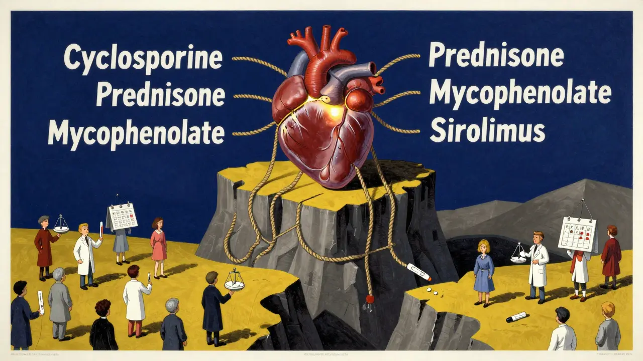 A fragile transplanted organ on a cliff is held by four labeled ropes, while tiny figures monitor it with medical tools on a dramatic landscape.