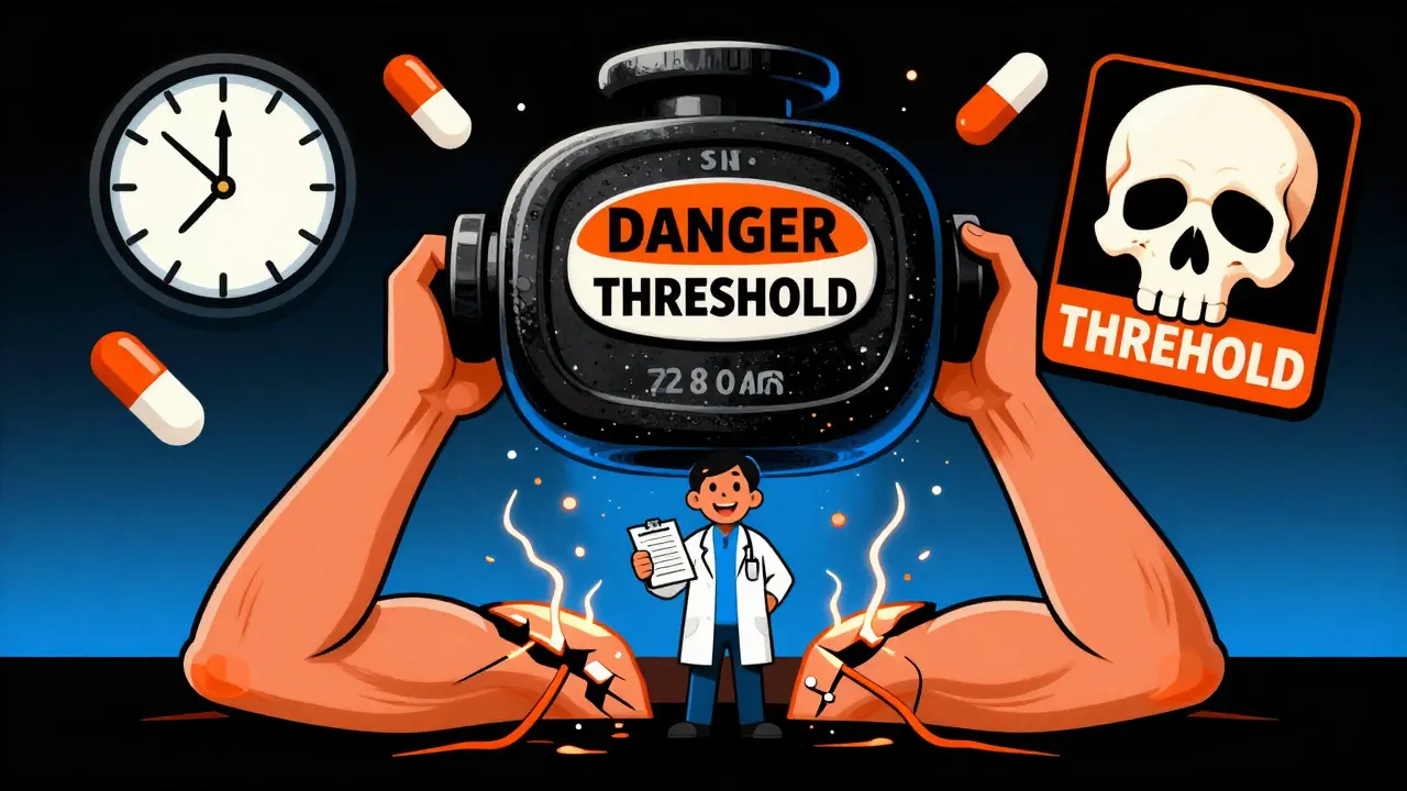 A giant 42-gram weight crushing a doctor and breaking nerves, with a clock marking 28 days, highlighting dosage danger.