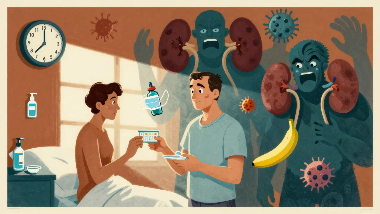 A patient holds a pill organizer while shadowy threats like infections and damaged organs loom behind, with health symbols floating nearby.