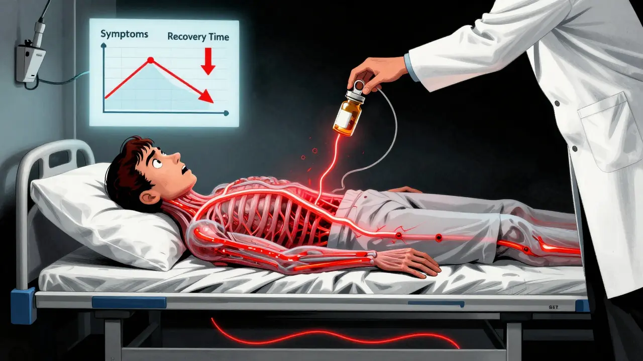 A patient on a bed with snapping nerve pathways, while a hand pulls the plug on a pill bottle, showing recovery after stopping the drug.