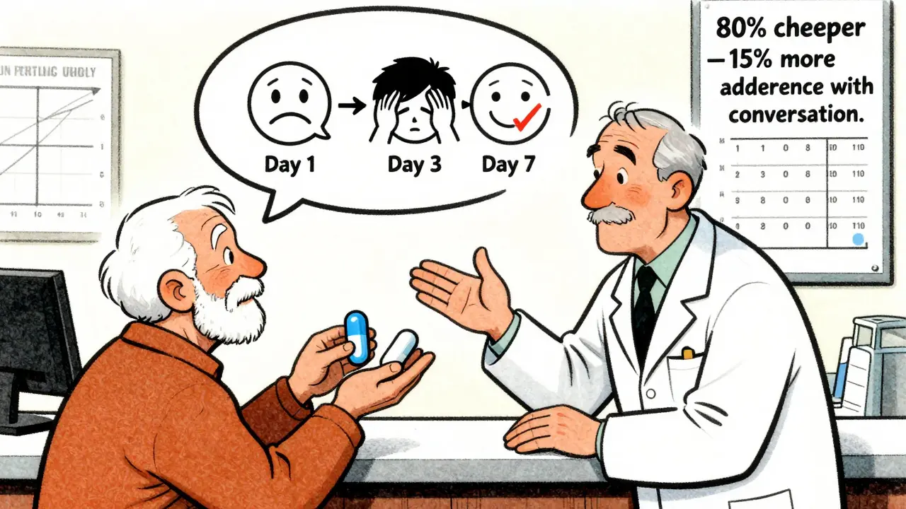 A pharmacist and elderly patient at a pharmacy counter with a thought bubble showing improvement over time.