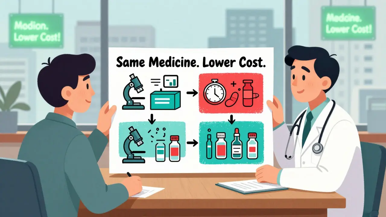 Doctor and patient reviewing an infographic comparing generic and brand-name drug manufacturing processes.
