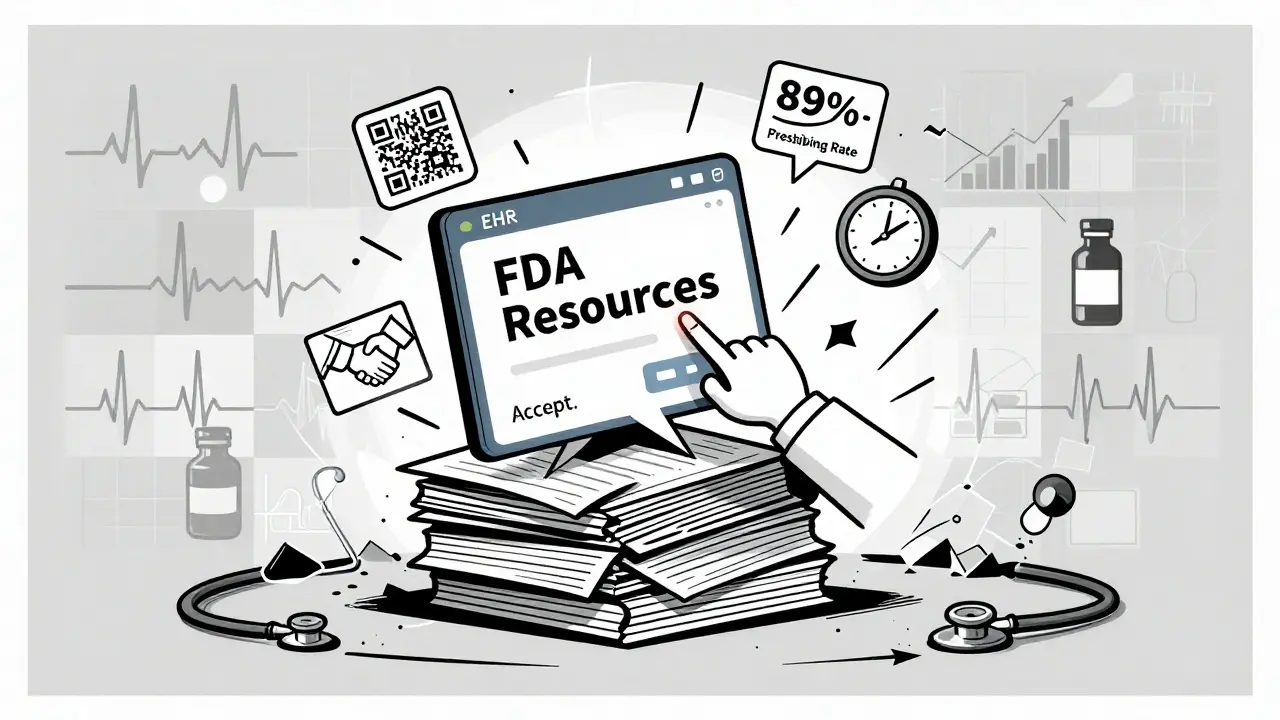 EHR pop-up alert replacing PDF files with real-time generic data, showing rising prescribing rates and 22-minute clock.