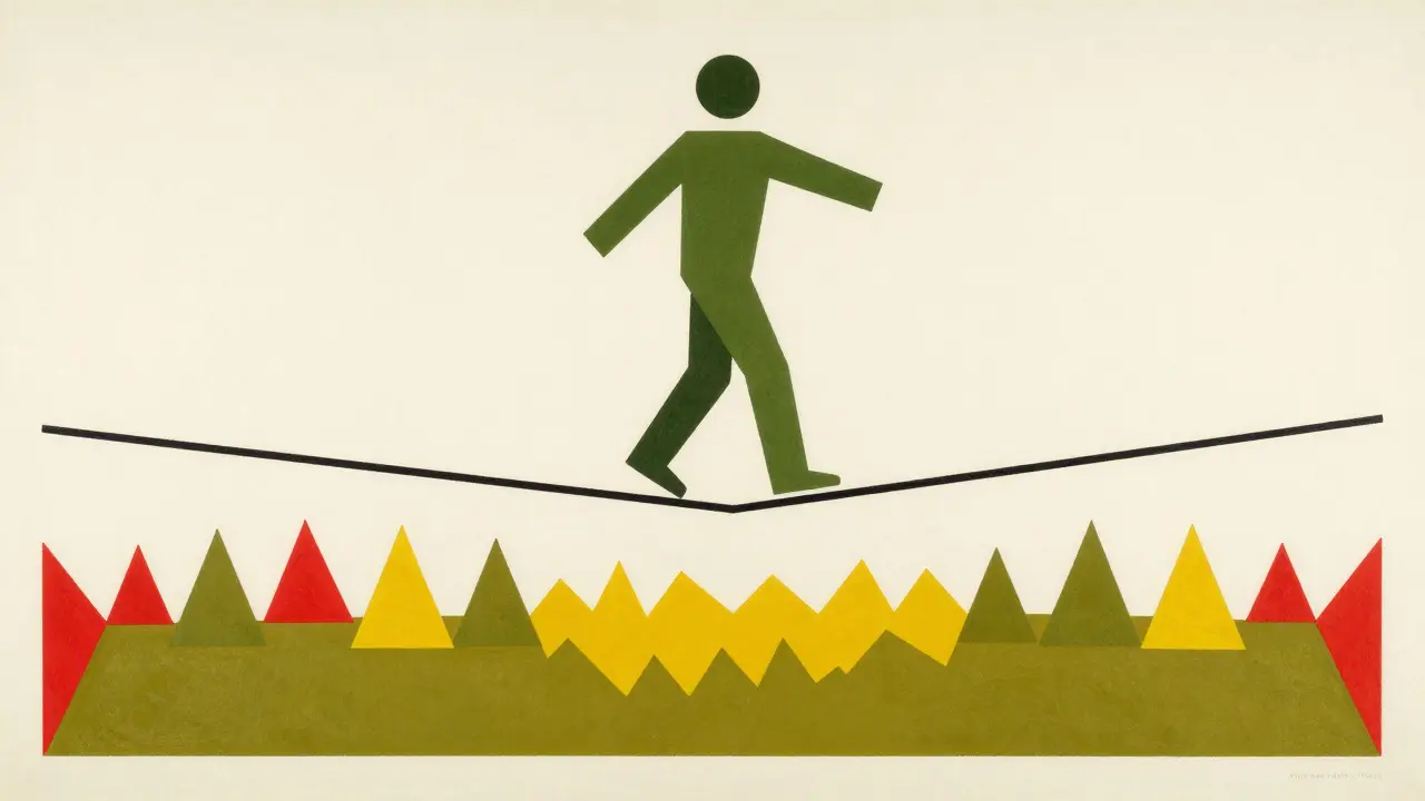 Figure balancing on a tightrope above chaotic shapes below.