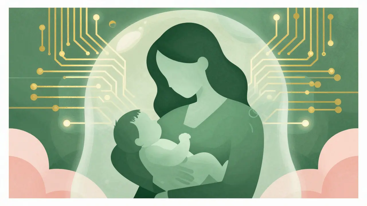 Mother and child protected by abstract technology illustration