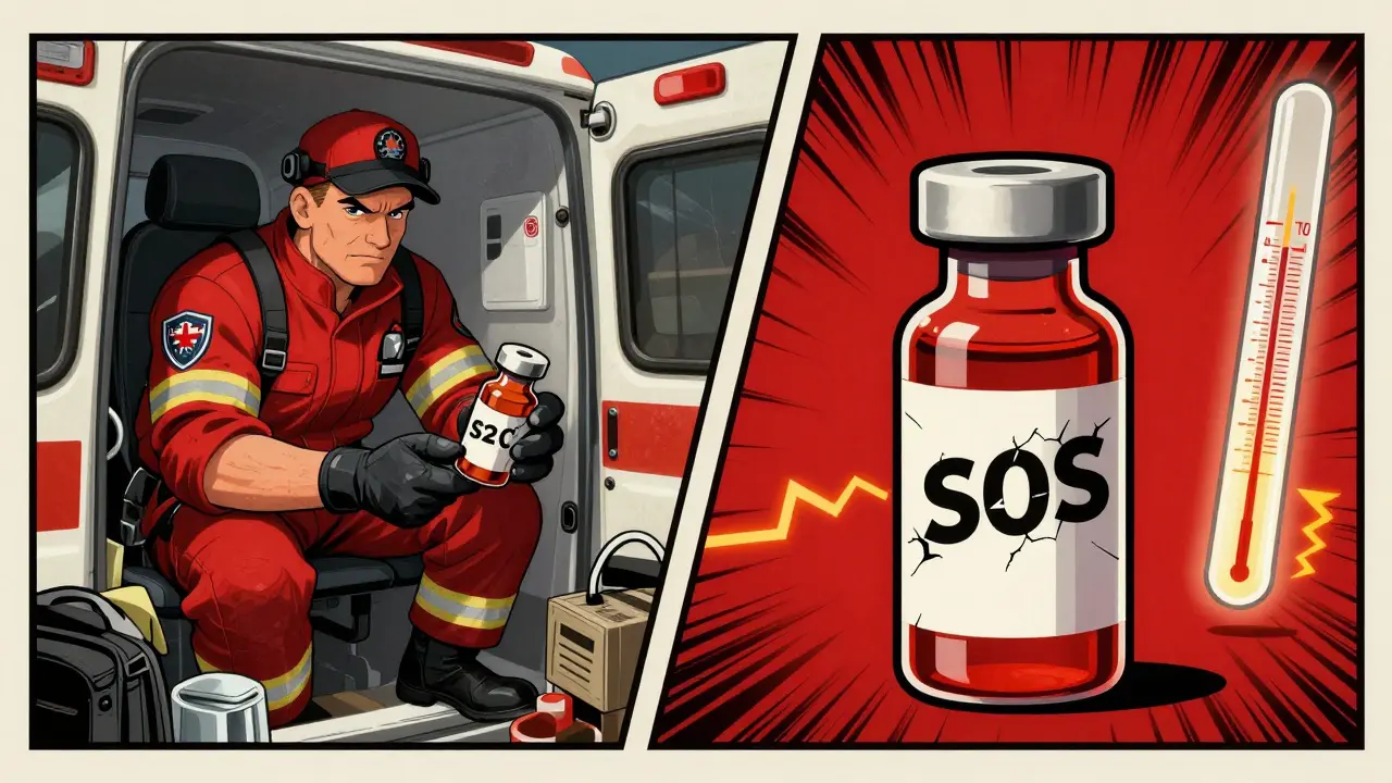 Paramedic uses an expired epinephrine vial in an ambulance, contrasted with a fresh one, in stylized emergency scene.