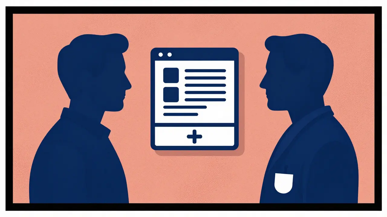 Patient and doctor consulting over a document icon together.