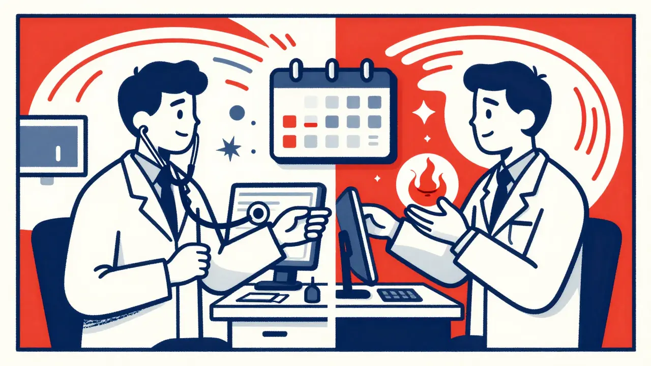 Two doctors bridging care gaps in abstract cartoon art