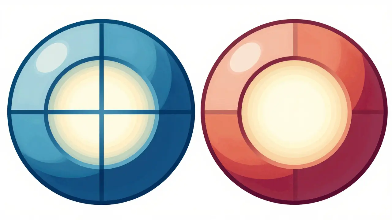 Two pills side by side showing identical cores but different outer coatings.