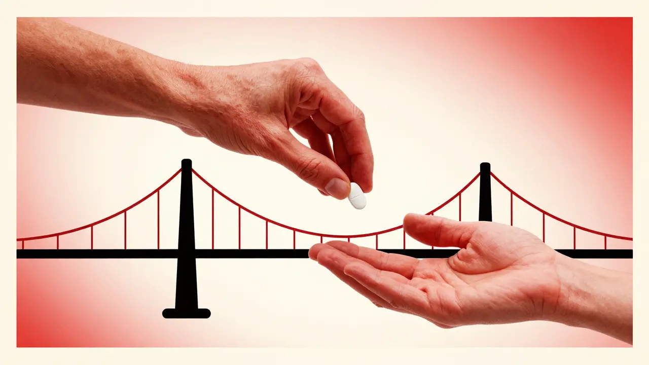 A hand offering a pill from a smartphone in a minimalist artistic style