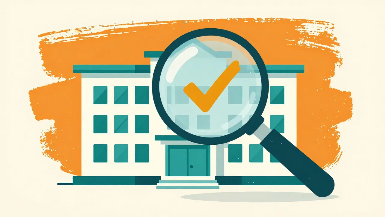 A magnifying glass examining an abstract pharmacy building to symbolize safety