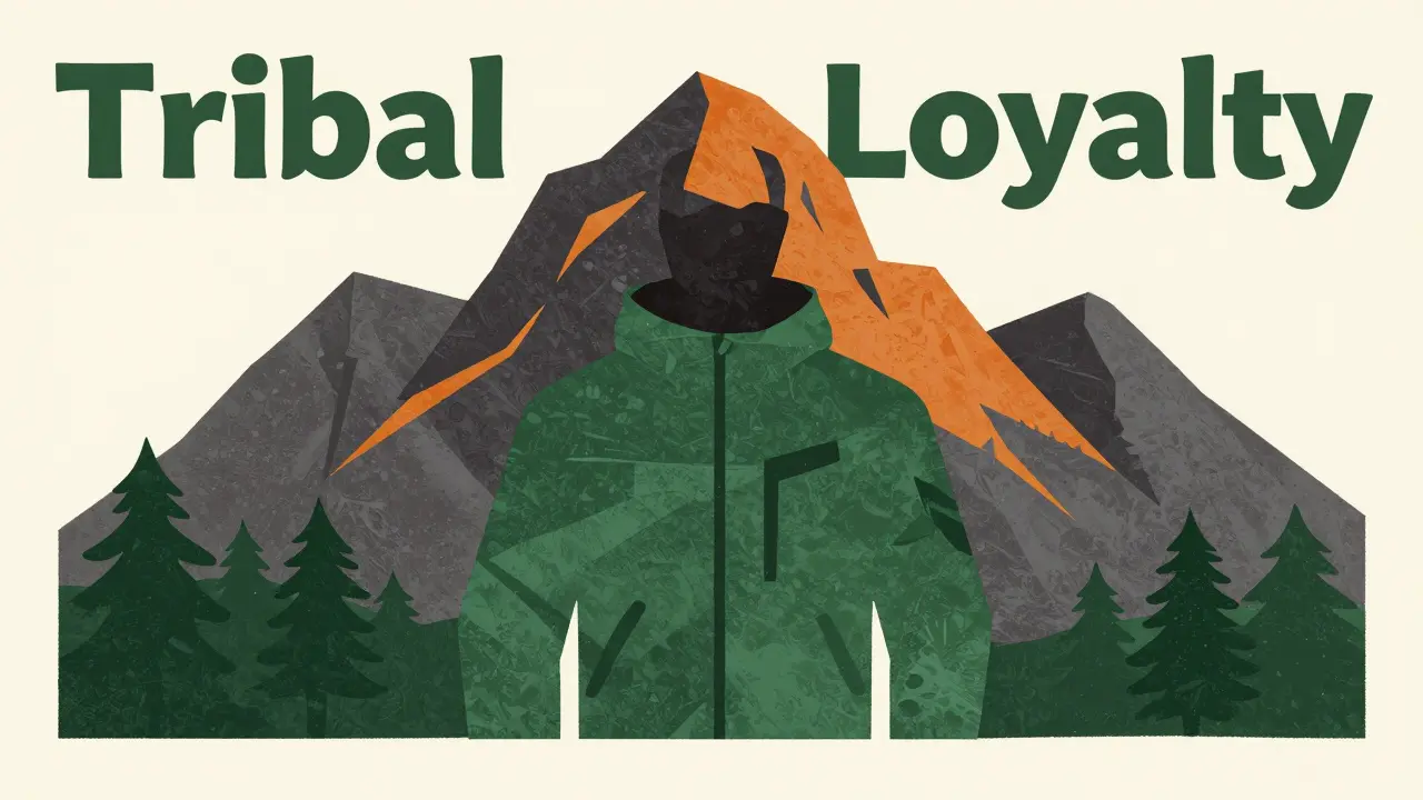 A surreal illustration of a mountain merging with an outdoor jacket in earthy tones.
